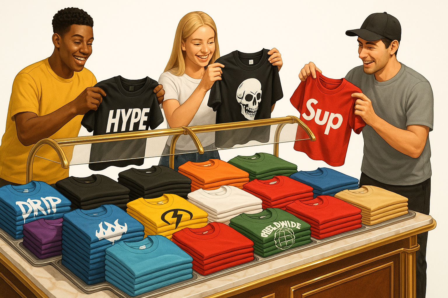 A vibrant, high-quality digital illustration of a luxurious buffet table, but instead of food, it is filled with stylish folded T-shirts in various streetwear designs and colors, neatly stacked like a real buffet. Customers happily “picking” their favorite T-shirts from the buffet table, showing variety and choice. Bright, modern, professional composition, clean background (white or light-colored) suitable for Shopify e-commerce, 16:9 aspect ratio, ultra-realistic details with soft lighting.