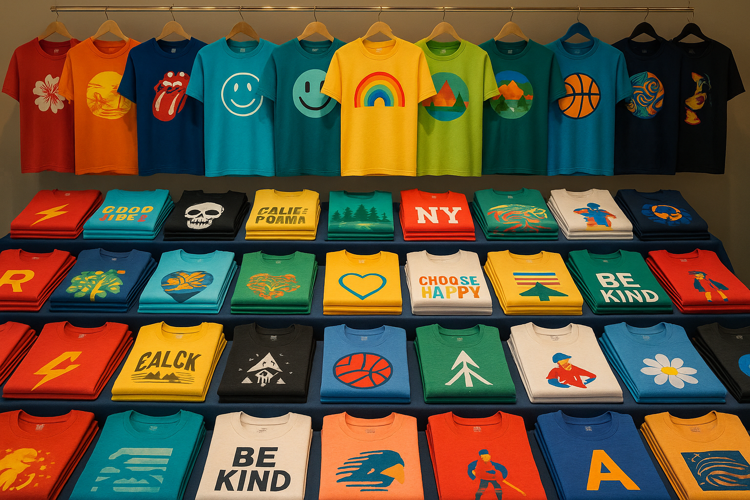 Erstelle ein T shirt Buffet mit unterschiedlichen Designs die eine Große Auswahl darstellt